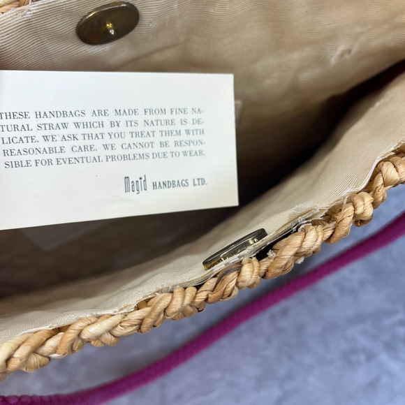 Vintage Magid Straw Wicker Woven Tote Bag Magenta Strap Beach Made in Italy - Picture 9 of 12